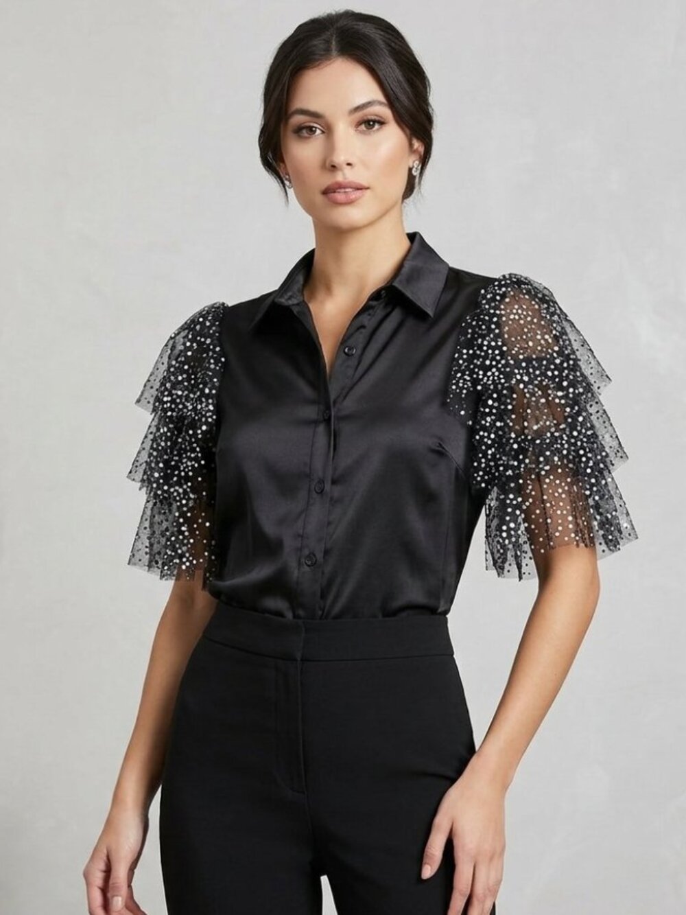 Mac Duggal Black Satin Button-Front Blouse with Layered Sequin Puff Sleeves